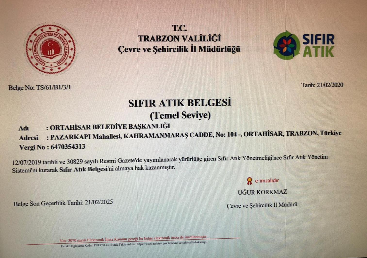 Ortahisar, 'Sfr Atk Belgesi'ni ald